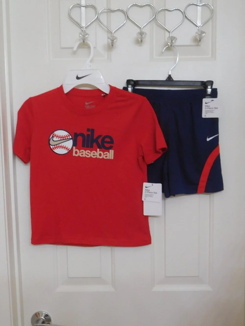NWT 2pc Nike Red Navy Beige Baseball Logo Shirt & Navy Shorts Set sz 6